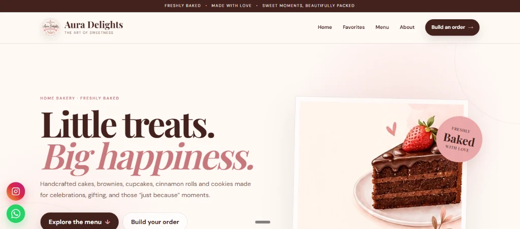 Aura Delights: artisanal home bakery and sweet treats website preview